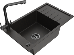 Mexen Elias 1-bowl granite sink with drainer and Duero kitchen tap, black/gold metallic - 6511-75-671600-70-B