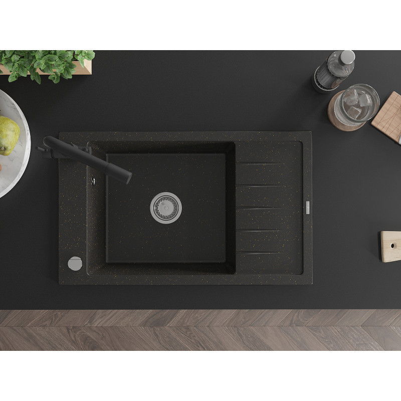 Mexen Elias 1-bowl granite sink with drainer and Duero kitchen tap, black/gold metallic - 6511-75-671600-70