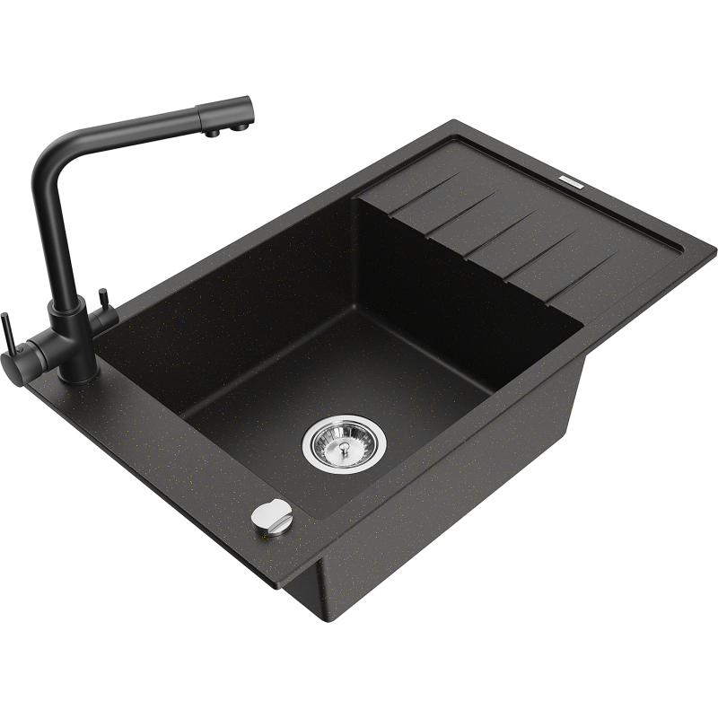 Mexen Elias 1-bowl granite sink with drainer and Duero kitchen tap, black/gold metallic - 6511-75-671600-70