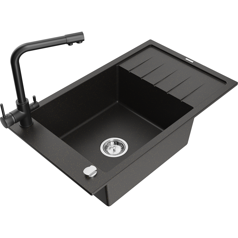 Mexen Elias 1-compartment granite sink with a drip tray and kitchen mixer tap Duero, Black/Gold metallic - 6511-75-671600-70