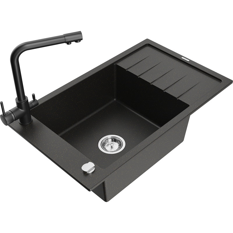 Mexen Elias granite kitchen sink 1-compartment with drainer and kitchen faucet Duero, black/gold metallic - 6511-75-671600-70