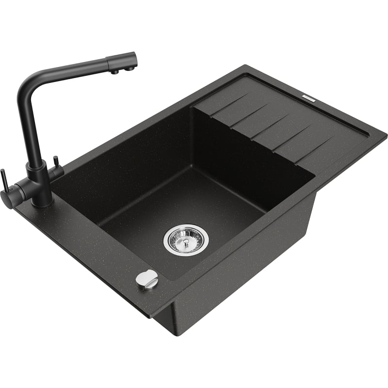 Mexen Elias granite sink 1-bowl with drainer and kitchen faucet Duero, black/gold metallic - 6511-75-671600-70