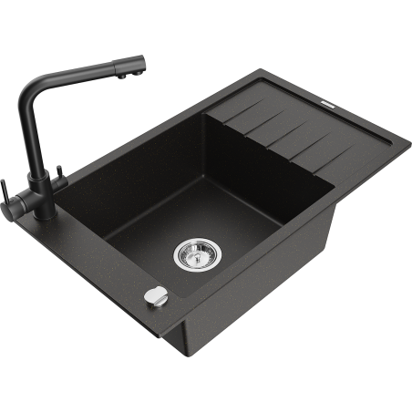 Mexen Elias 1-bowl granite sink with drainer and Duero kitchen tap, black/gold metallic - 6511-75-671600-70