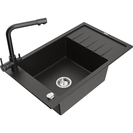 Mexen Elias 1-compartment granite sink with a drip tray and kitchen mixer tap Duero, Black/Gold metallic - 6511-75-671600-70