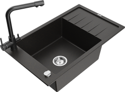 Mexen Elias 1-compartment granite sink with a drip tray and kitchen mixer tap Duero, Black/Gold metallic - 6511-75-671600-70
