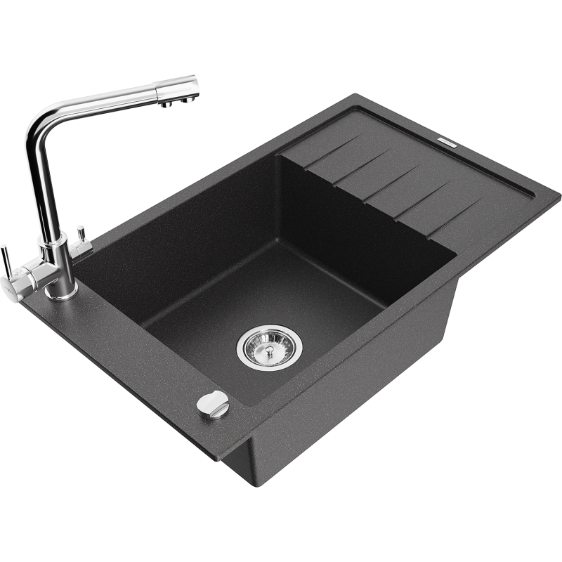 Mexen Elias 1-compartment granite sink with a drip tray and kitchen mixer tap Duero, spotted black - 6511-76-671600-00