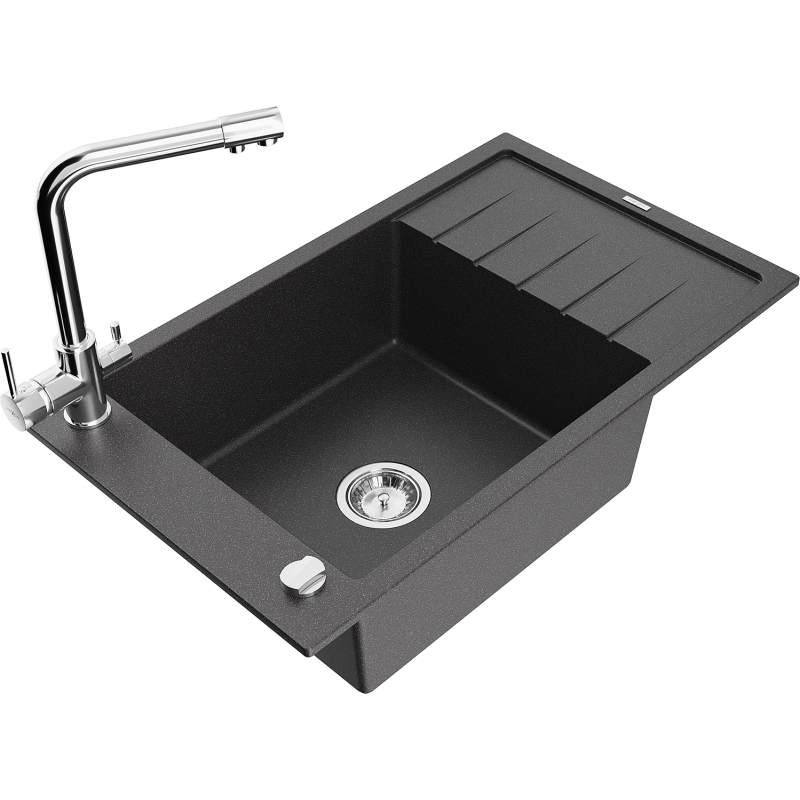 Mexen Elias granite sink with 1 bowl, drainer, and Duero kitchen tap, speckled black - 6511-76-671600-00