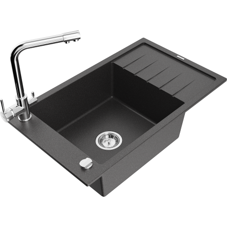 Mexen Elias granite sink 1-bowl with drainer and kitchen faucet Duero, black speckled - 6511-76-671600-00