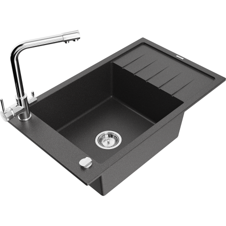 Mexen Elias granite sink with 1 bowl, drainer, and Duero kitchen tap, speckled black - 6511-76-671600-00