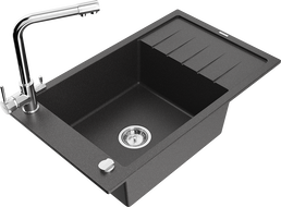 Mexen Elias granite sink 1-bowl with drainer and kitchen faucet Duero, black speckled - 6511-76-671600-00