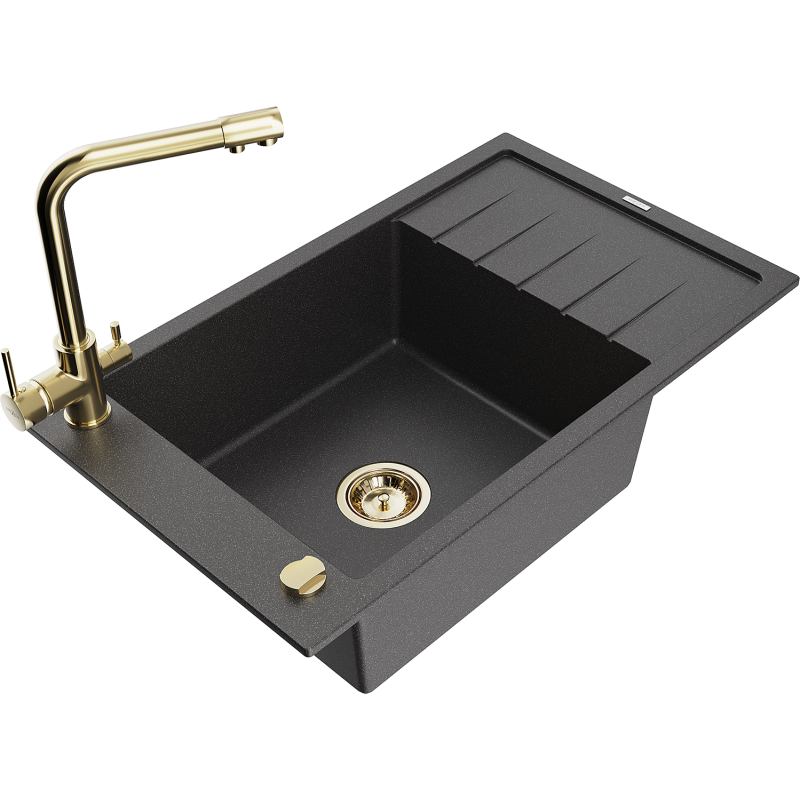 Mexen Elias 1-compartment granite sink with a drip tray and kitchen mixer tap Duero, spotted black - 6511-76-671600-50