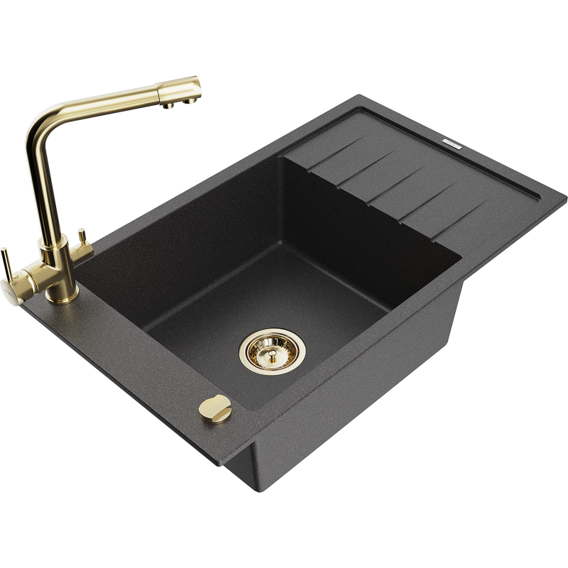 Mexen Elias granite kitchen sink 1-bowl with drainer and Duero kitchen tap, black speckled - 6511-76-671600-50