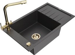 Mexen Elias 1-bowl granite sink with drainer and kitchen faucet Duero, black speckled - 6511-76-671600-50