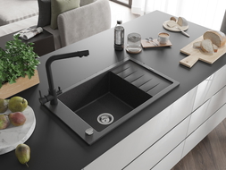 Mexen Elias granite sink with 1 bowl, drainer and Duero kitchen tap, black speckled - 6511-76-671600-70