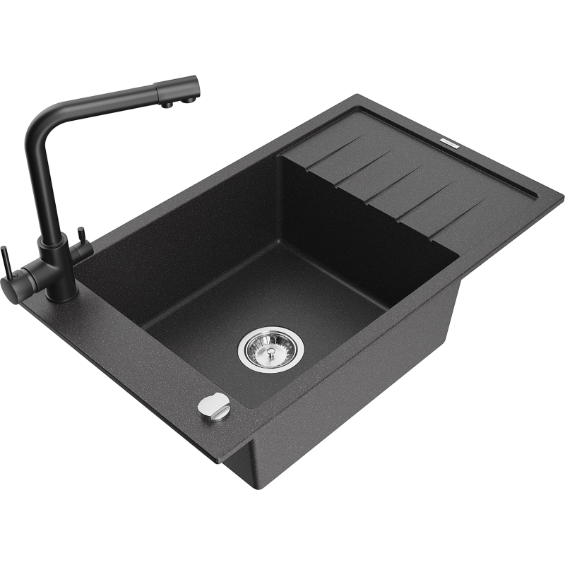 Mexen Elias 1-compartment granite sink with a drip tray and kitchen mixer tap Duero, spotted black - 6511-76-671600-70