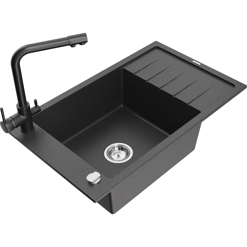 Mexen Elias granite sink with 1 bowl, drainer and Duero kitchen tap, black speckled - 6511-76-671600-70