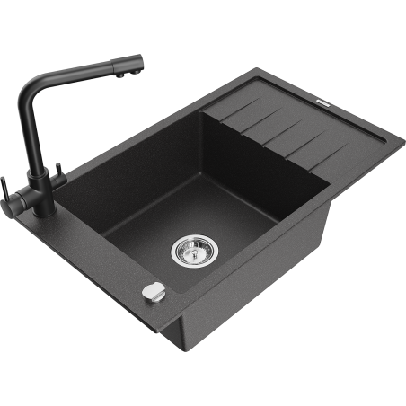 Mexen Elias 1-bowl granite sink with drainer and Duero kitchen faucet, black speckled - 6511-76-671600-70