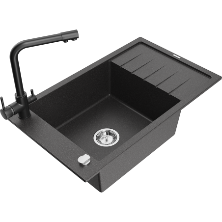 Mexen Elias granite sink with 1 bowl, drainer and Duero kitchen tap, black speckled - 6511-76-671600-70