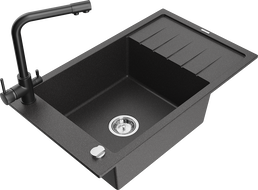 Mexen Elias granite sink 1-bowl with drainer and kitchen faucet Duero, black speckled - 6511-76-671600-70