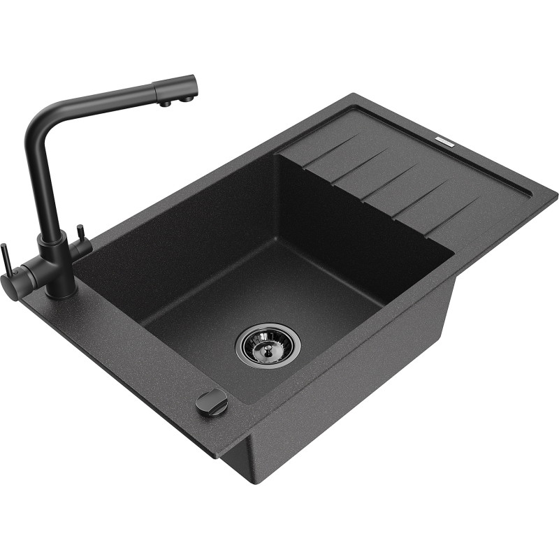 Mexen Elias 1-Bowl Granite Sink with Drainer and Duero Kitchen Faucet, Black Speckled - 6511-76-671600-70-B