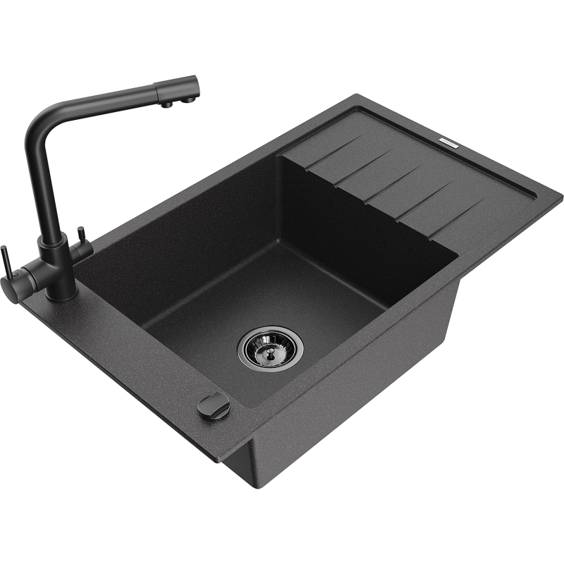Mexen Elias granite sink 1-bowl with drainer and Duero kitchen tap, black speckled - 6511-76-671600-70-B