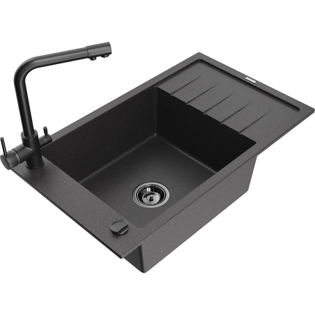 Mexen Elias 1-Bowl Granite Sink with Drainer and Duero Kitchen Faucet, Black Speckled - 6511-76-671600-70-B