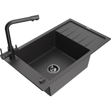 Mexen Elias granite kitchen sink 1-bowl with drainer and Duero kitchen faucet, black speckled - 6511-76-671600-70-B