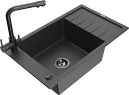 Mexen Elias granite sink 1-bowl with drainer and Duero kitchen tap, black speckled - 6511-76-671600-70-B