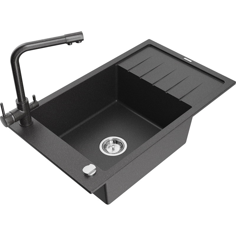 Mexen Elias granite sink 1-bowl with drainer and kitchen faucet Duero, black speckled - 6511-76-671600-76