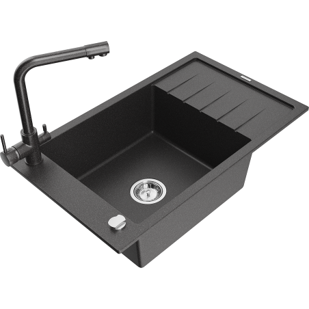 Mexen Elias granite kitchen sink single bowl with drainer and Duero kitchen faucet, speckled black - 6511-76-671600-76