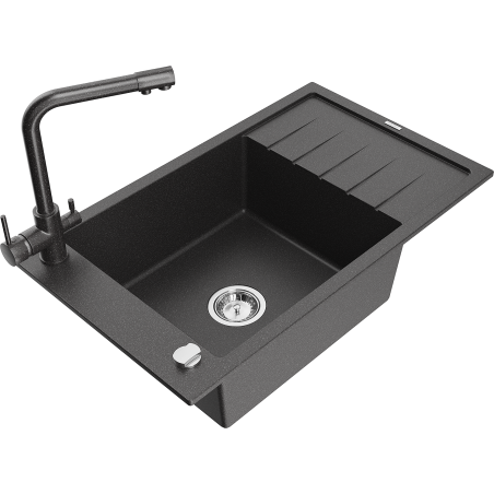 Mexen Elias granite sink 1-bowl with drainer and kitchen faucet Duero, black speckled - 6511-76-671600-76