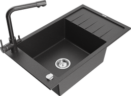 Mexen Elias granite kitchen sink single bowl with drainer and Duero kitchen faucet, speckled black - 6511-76-671600-76