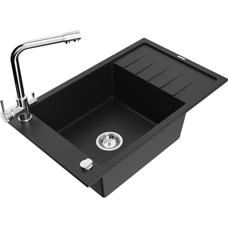 Mexen Elias 1-bowl granite kitchen sink with drainer and Duero kitchen faucet, black - 6511-77-671600-00