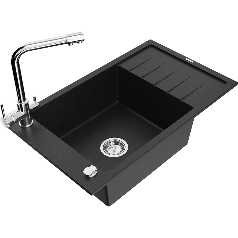 Mexen Elias 1-compartment granite sink with a drip tray and kitchen mixer tap Duero, Black - 6511-77-671600-00