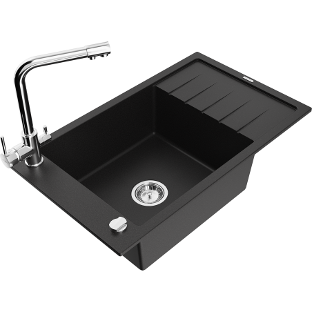 Mexen Elias 1-bowl granite sink with drainer and Duero kitchen faucet, black - 6511-77-671600-00