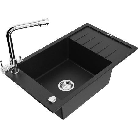 Mexen Elias granite sink, 1-bowl with drainer and Duero kitchen tap, black - 6511-77-671600-00
