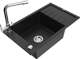 Mexen Elias 1-bowl granite sink with drainer and Duero kitchen faucet, black - 6511-77-671600-00