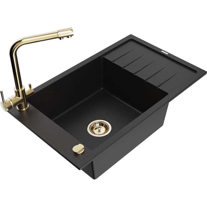 Mexen Elias granite sink 1-bowl with draining board and Duero kitchen tap, black - 6511-77-671600-50