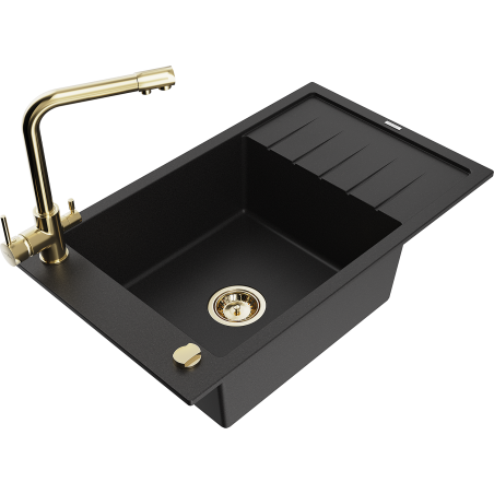 Mexen Elias granite sink 1-bowl with drainer and kitchen faucet Duero, black - 6511-77-671600-50