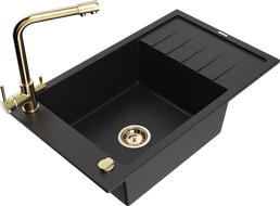 Mexen Elias granite kitchen sink 1-bowl with drainer and Duero kitchen faucet, black - 6511-77-671600-50
