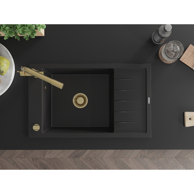 Mexen Elias granite sink 1-bowl with drainer and kitchen faucet Duero, black - 6511-77-671600-50