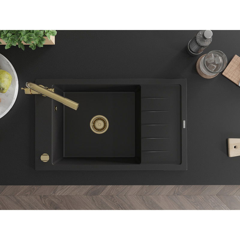 Mexen Elias granite sink 1-bowl with draining board and Duero kitchen tap, black - 6511-77-671600-50