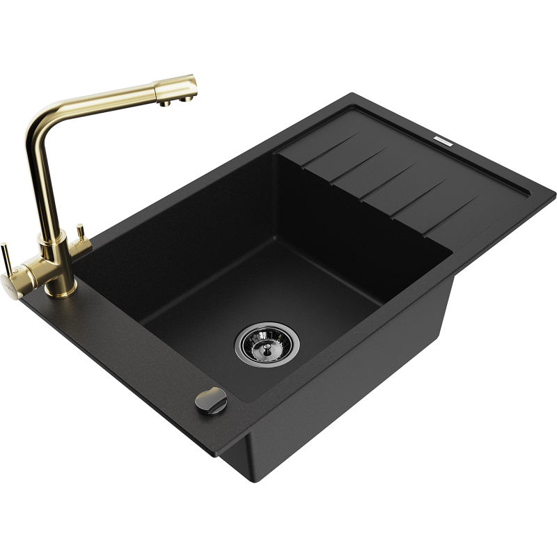 Mexen Elias 1-Bowl Granite Sink with Drainer and Duero Kitchen Tap, Black - 6511-77-671600-50-B