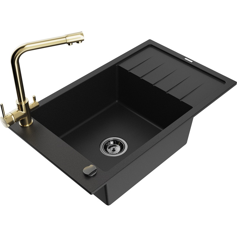 Mexen Elias granite kitchen sink 1-bowl with drainer and Duero kitchen faucet, black - 6511-77-671600-50-B