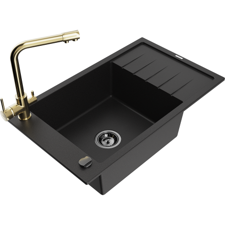Mexen Elias 1-Bowl Granite Sink with Drainer and Duero Kitchen Tap, Black - 6511-77-671600-50-B