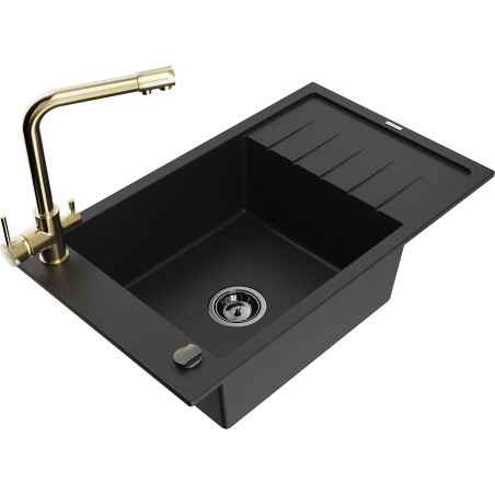 Mexen Elias granite kitchen sink with one bowl, drainer, and kitchen faucet Duero, black - 6511-77-671600-50-B