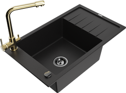Mexen Elias 1-Bowl Granite Sink with Drainer and Duero Kitchen Tap, Black - 6511-77-671600-50-B