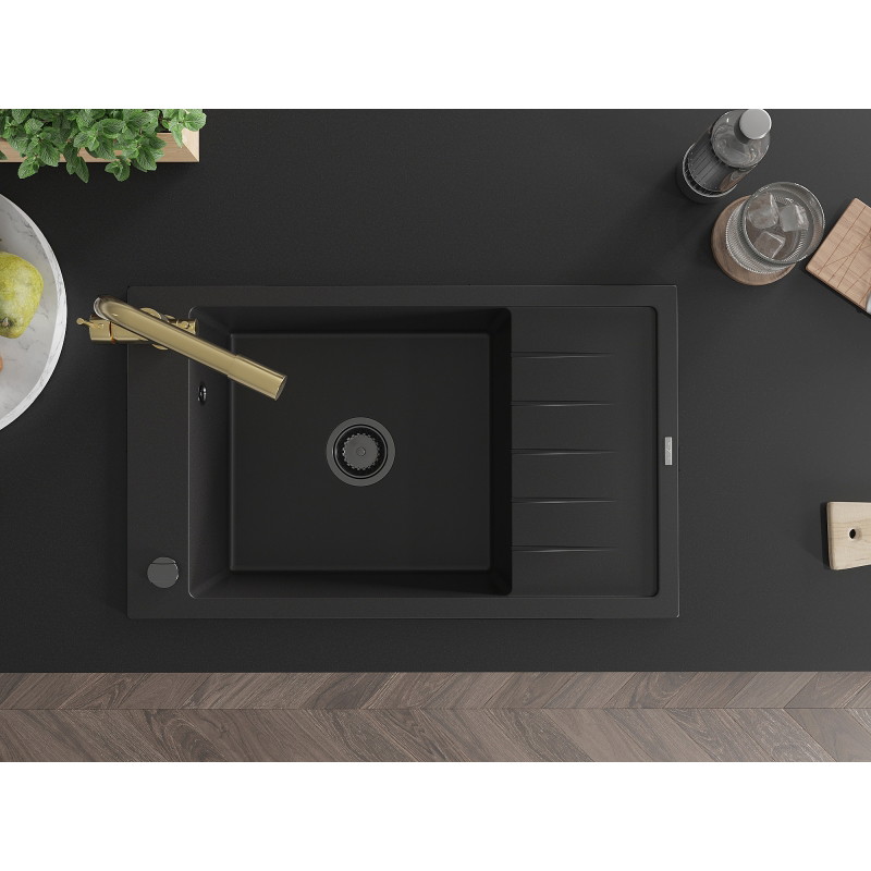Mexen Elias granite kitchen sink with one bowl, drainer, and kitchen faucet Duero, black - 6511-77-671600-50-B