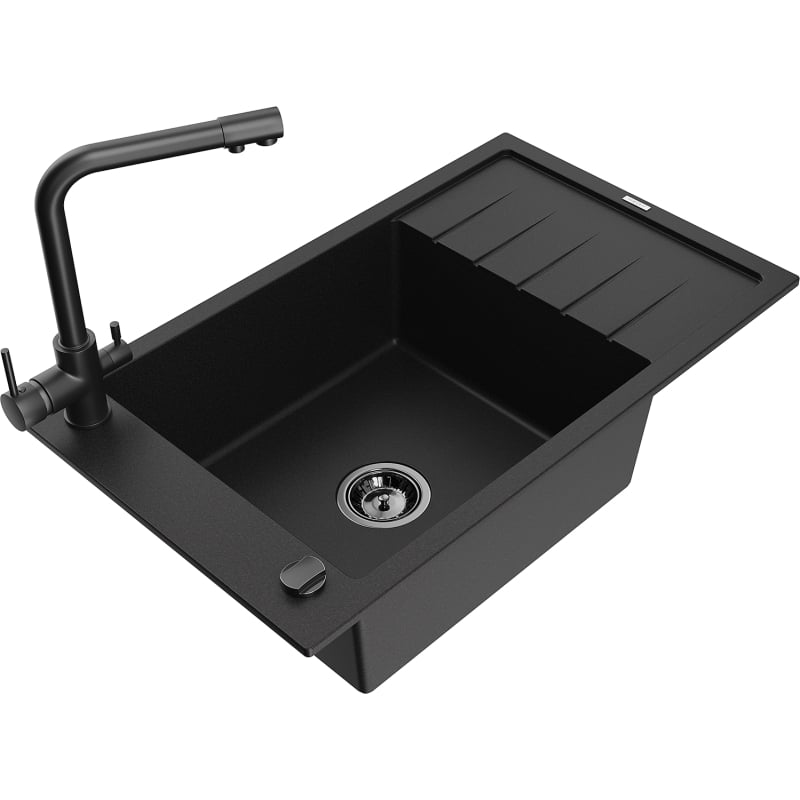 Mexen Elias 1-bowl granite sink with drainer and Duero kitchen faucet, black - 6511-77-671600-70-B