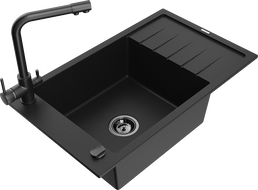 Mexen Elias granite sink 1-bowl with drainer and Duero kitchen tap, black - 6511-77-671600-70-B